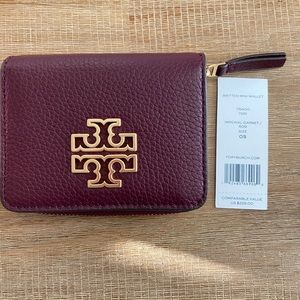 Tory Burch Britten Mini Wallet in Burgundy and Gold